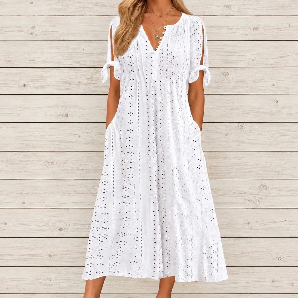 Vestido de Renda Jana - Gola em V de Manga Curta (Verão 2026)