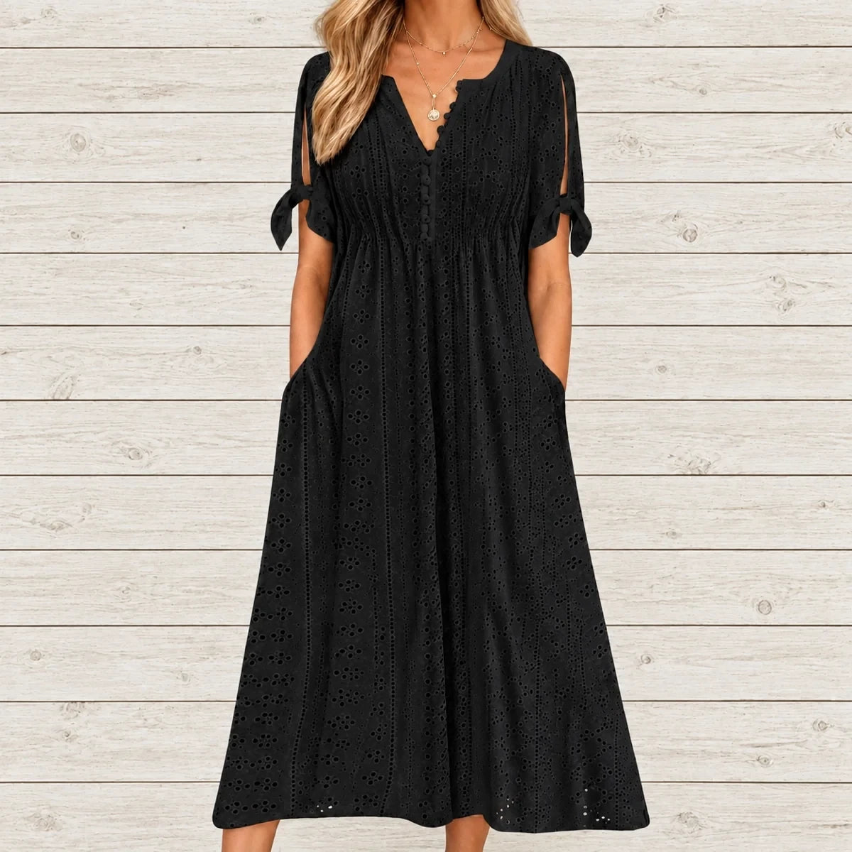 Vestido de Renda Jana - Gola em V de Manga Curta (Verão 2026)