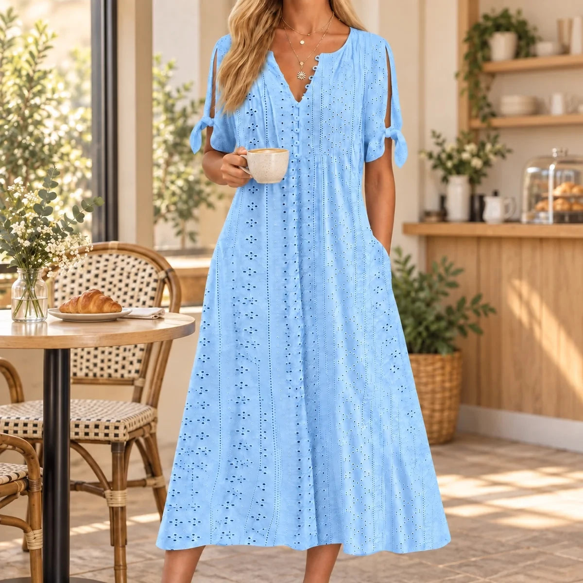 Vestido de Renda Jana - Gola em V de Manga Curta (Verão 2026)